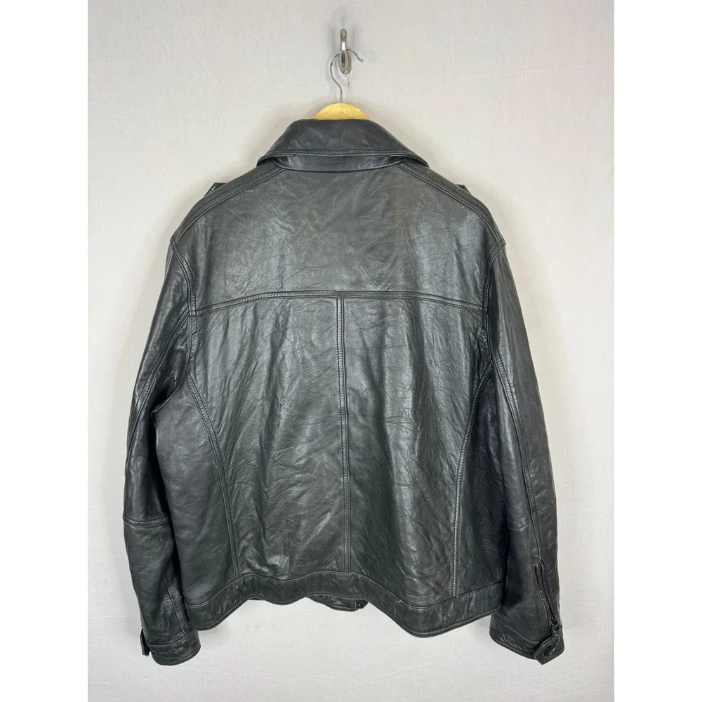 Levis Mens Genuine Leather Cafe Jacket Black Plaid Lined Full Zip Epaulettes XXL